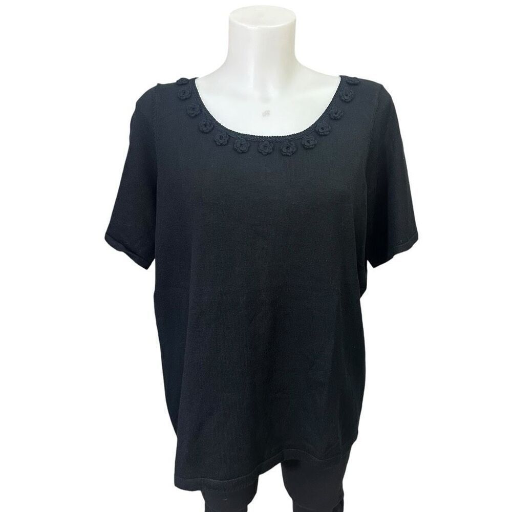 Grace Elements Black‎ Silk Blend Knit Sweater Blouse Floral Patch sz 1XL NEW